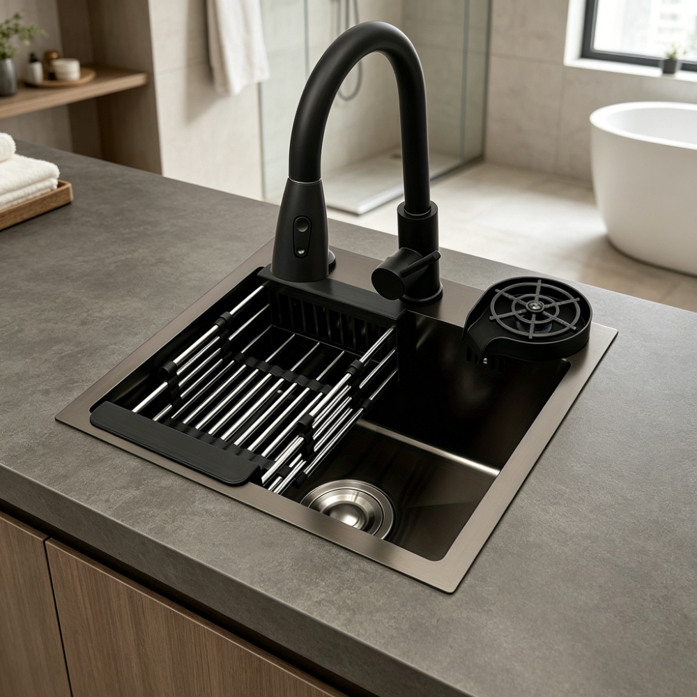 TEMU Accesorios para baños comerciales, juego de repuesto para grifo de lavabo de baño, con grifo extraíble, cesta de desagüe y dispensador de jabón