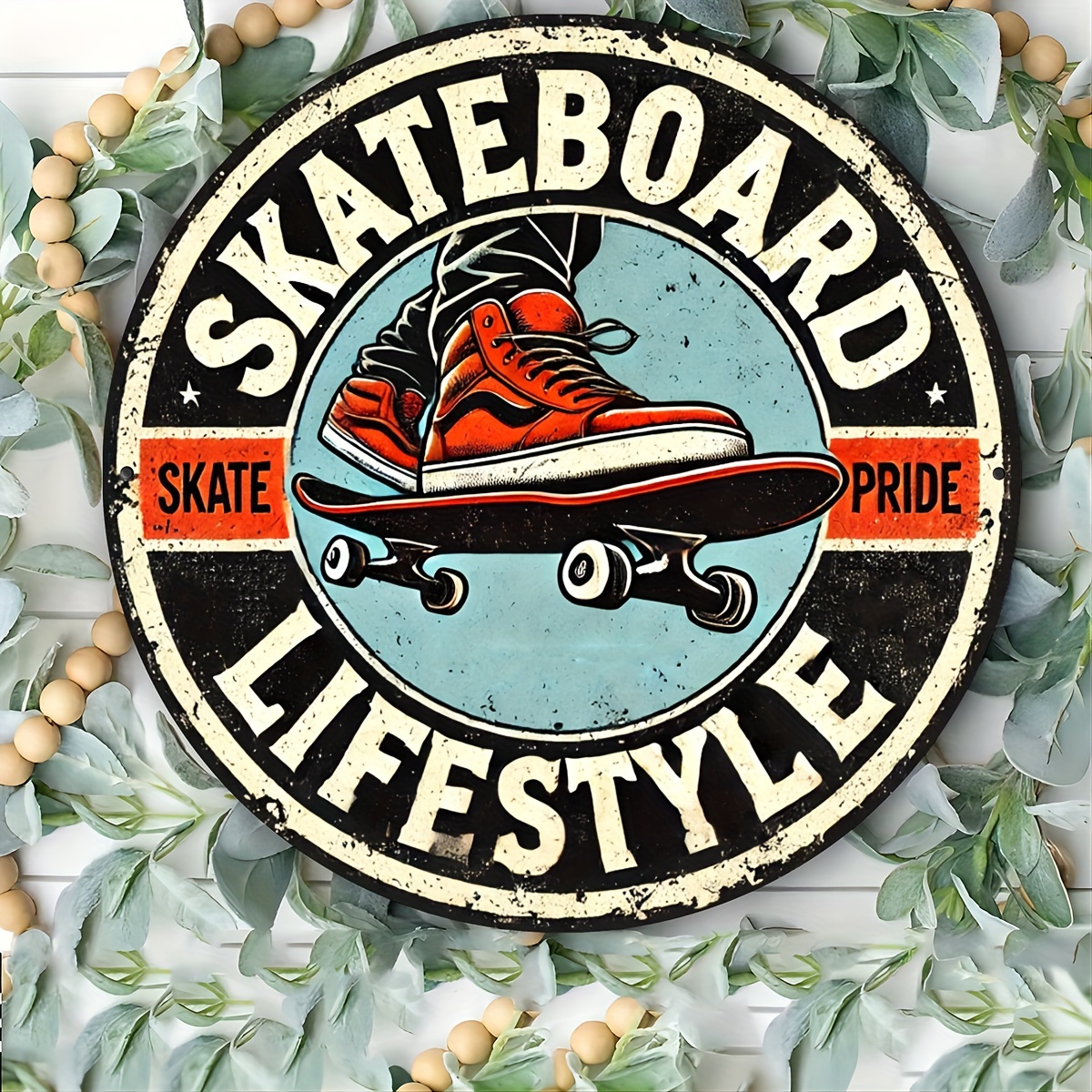 TEMU 2d Flat, 2d Flat Plane, 1pc Vintage Skateboard Life Wall Decor - 7.8-inch Round Vintage Decoration With Red Sneakers And Skateboard Art,