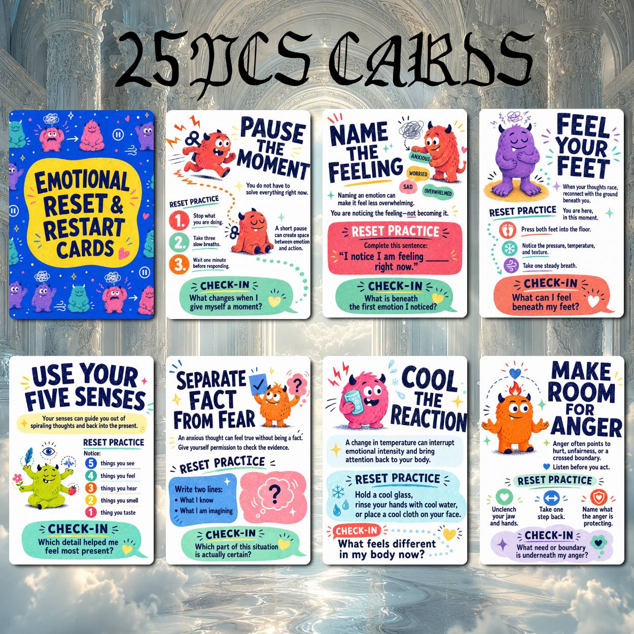 TEMU 25pcs Emotional Reset Coping Skills Cards Suitable For Counselors, , Therapists - Grounding Exercises, Emotion Regulation & Mindfulness Tools