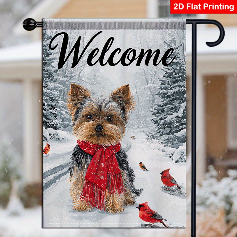TEMU 2d Flat, (2d Flat) 1pc Beautiful Double-sided Christmas Garden Flag Featuring An Adorable Yorkshire Terrier In A Cozy Red Scarf Surrounded By A