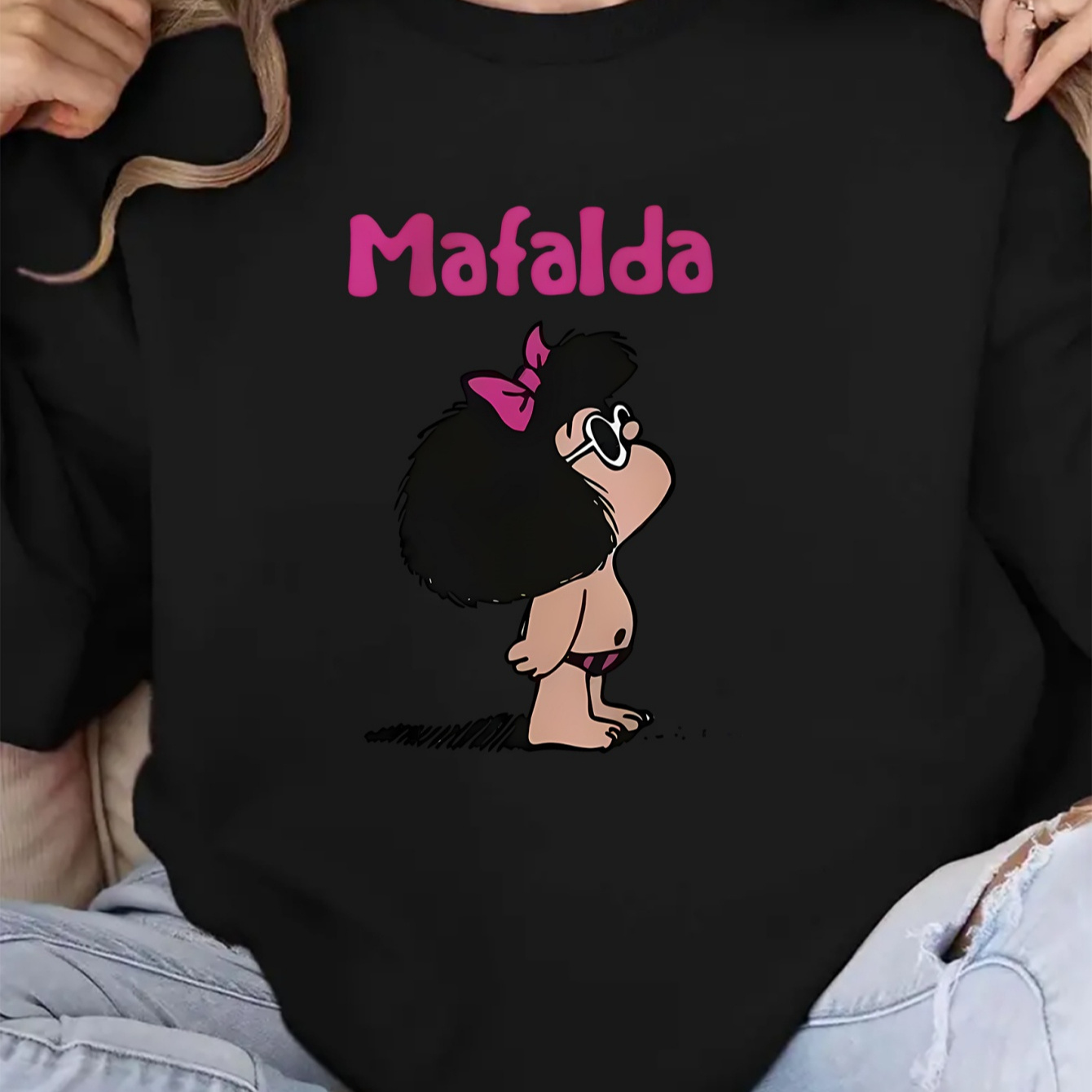 

Sweat-shirt à imprimé Mafalda, col rond décontracté, manches longues, tissu en de polyester légèrement extensible, pour adultes, confort toutes .