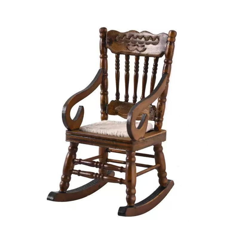 Image of 1:12 Scale Dollhouse Mini Furniture Model, European Vintage Chestnut Color Rope Rocking Chair Armchair