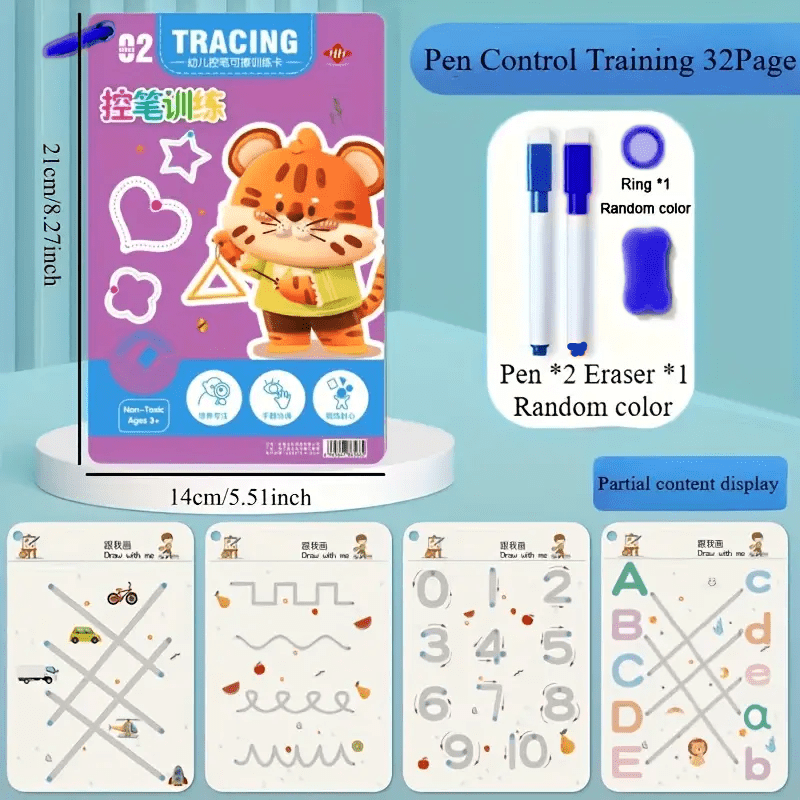 32-page Reusable Notebook Set With 2 Pens And 1 Eraser (colors ) | Development, Writing Training & Drawing Education Handbook | Learn Writing Skills, Paper Material, Durable Binding | Colored Pages