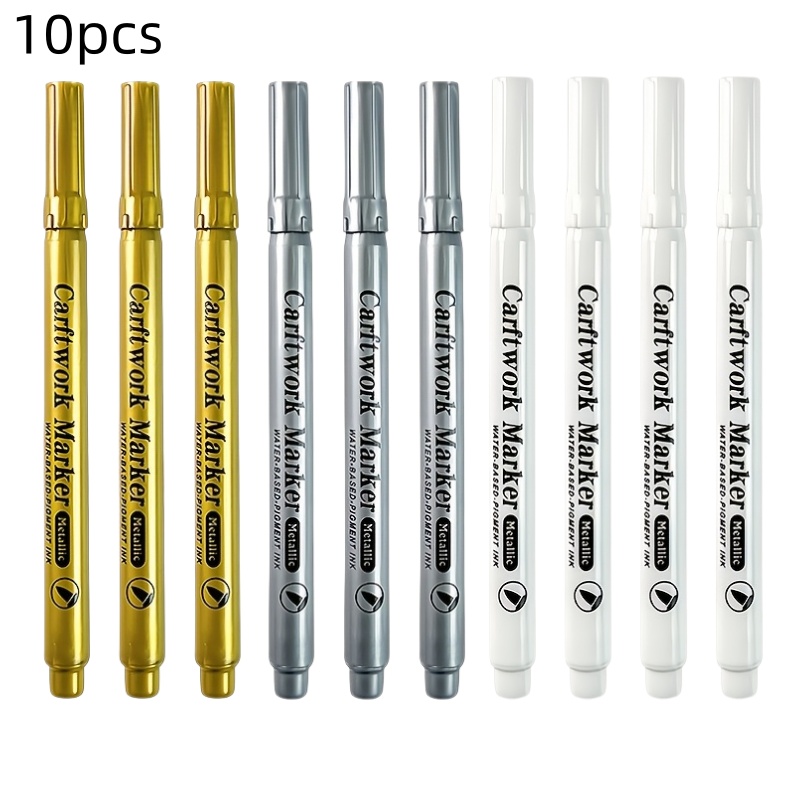 TEMU 10pcs Set Metal Marking Pens 10mm Hard Tip White 3 Colors Smooth Writing Fast Drying Waterproof High Coverage No Smudge Fade Resistant Suitable