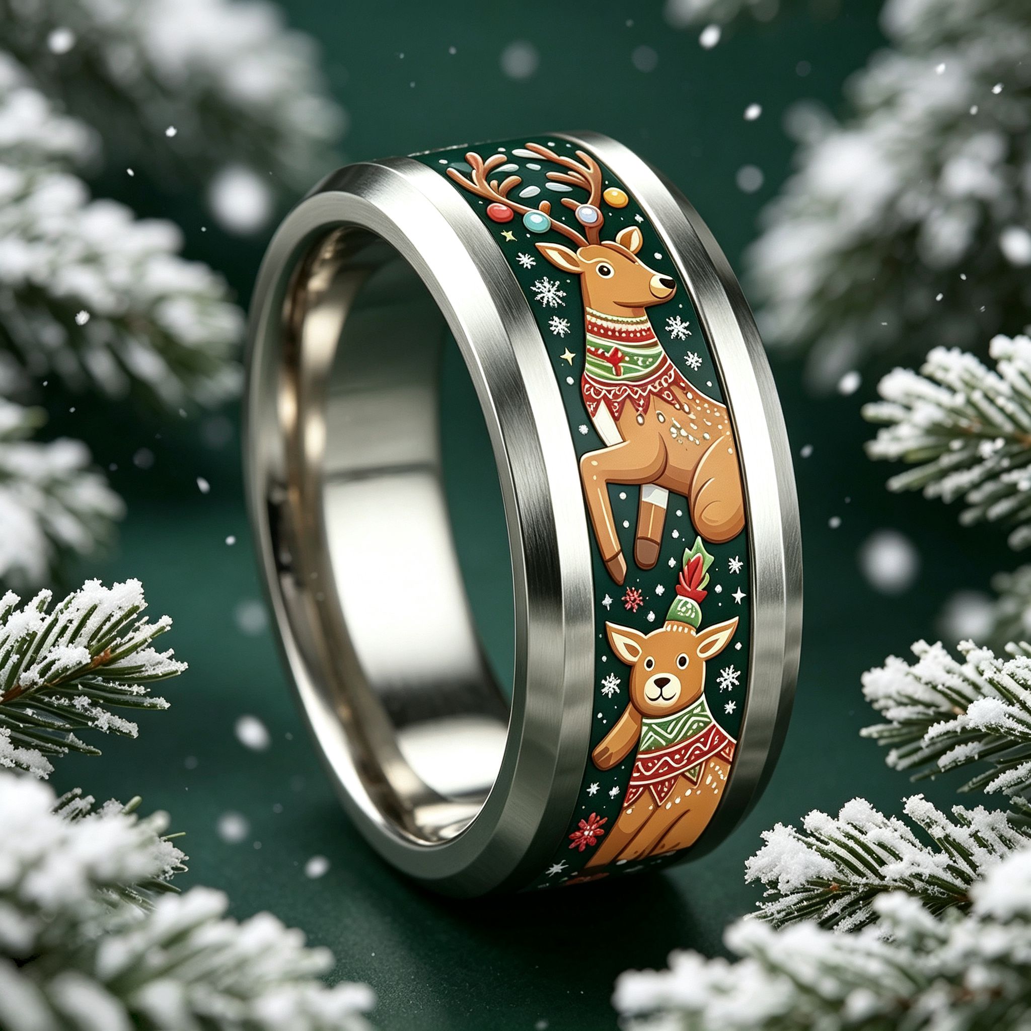 Christmas Double Reindeer Snowflake 304 Stainless Steel Ring