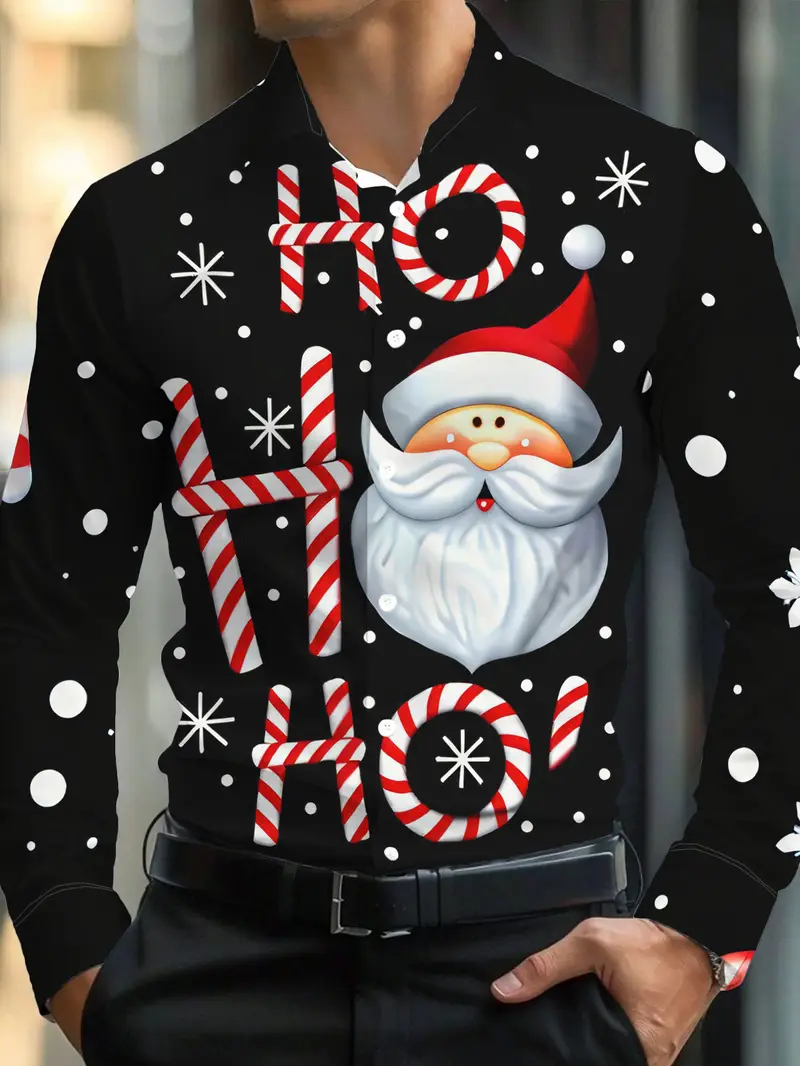 men's dress shirt for christmas party qolati Mens Christmas Shirts Casual Printed Long Sleeve Button Up Dress Shirt Male Winter Festival Shirts Santa Claus Party Hawaii Blouses Top