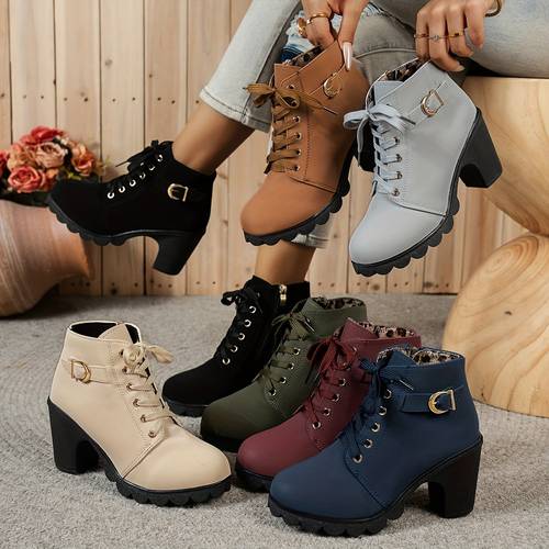 womens chunky heel ankle boots casual lace up with side zipper round toe pu cover boots in olive green and burgundy comfortable fabric lining for wear versatile footwear chunky heel boots durable pu cover