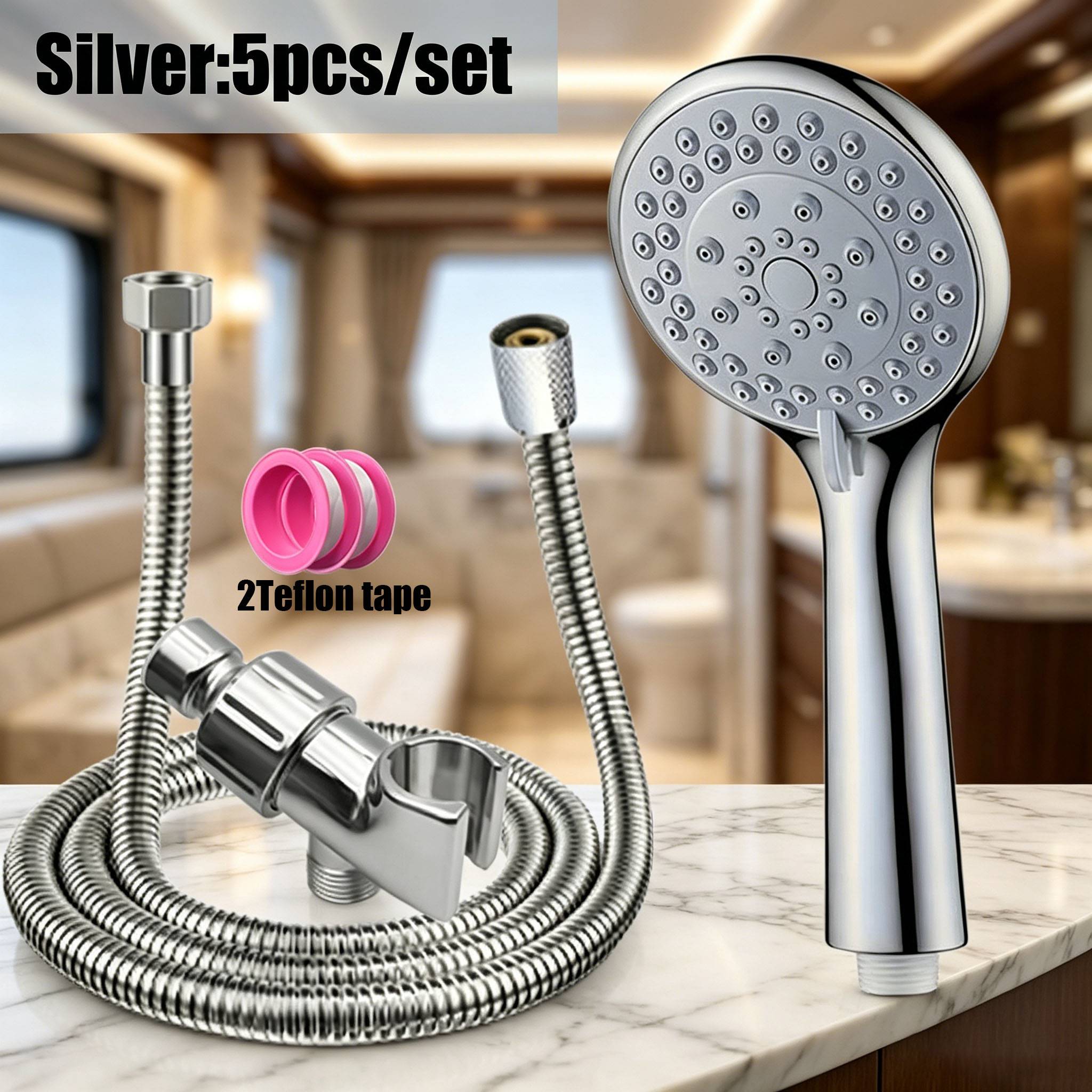 TEMU 5pcs 5-mode Rv Showerhead Set, High-pressure Handheld Sprayer With Premium Hose, Shower Arm And 2pcs Teflon Tapes, , High-pressure Water-saving