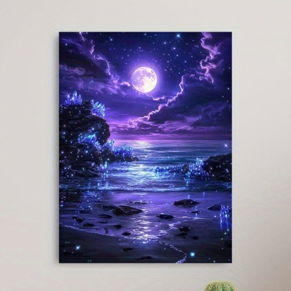 TEMU Stampa da parete su tela 2D piatta senza cornice - Luna su una spiaggia viola luminosa - Decorazione versatile per la casa, adatta per Natale,