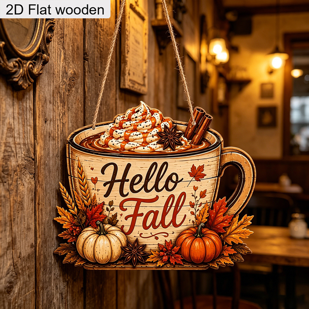 TEMU Étiquette en bois plate 2D, 1 pièce Hello Autumn Cup, avec motif de lait au de citrouille, feuille d'érable et citrouille, décoration de pour