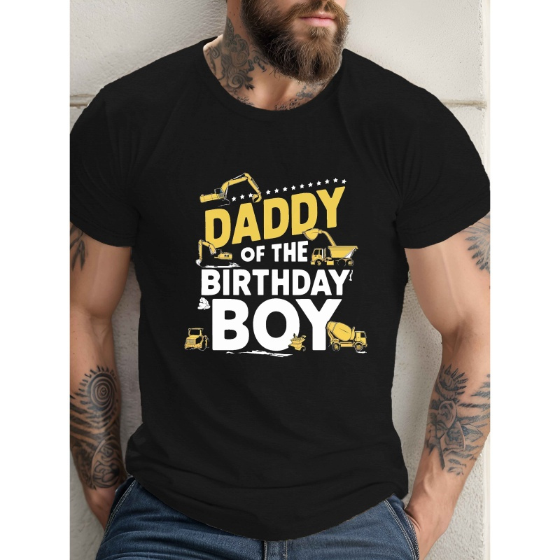 

Men's Casual Crew Neck T-shirt, 100% Polyester Knit Fabric, Short Sleeve, Regular Fit, With Geometric "daddy Of The Birthday Boy" Print, For Summer