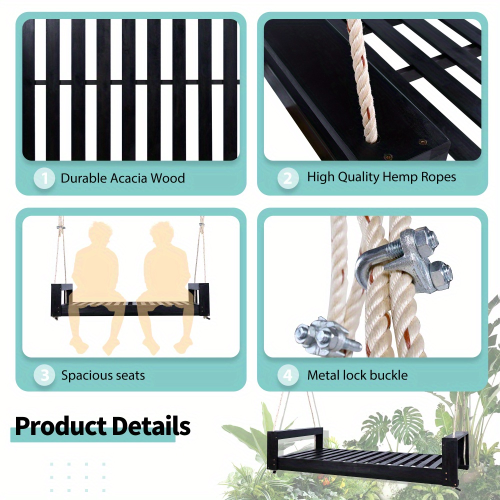Garden seating. Swing chair. Double-sized porch swing bed seating set with hemp rope swing frame, suitable for gardens and backyards. Minimalist rustic style, ideal for courtyards and gardens. Mattress sold separately.