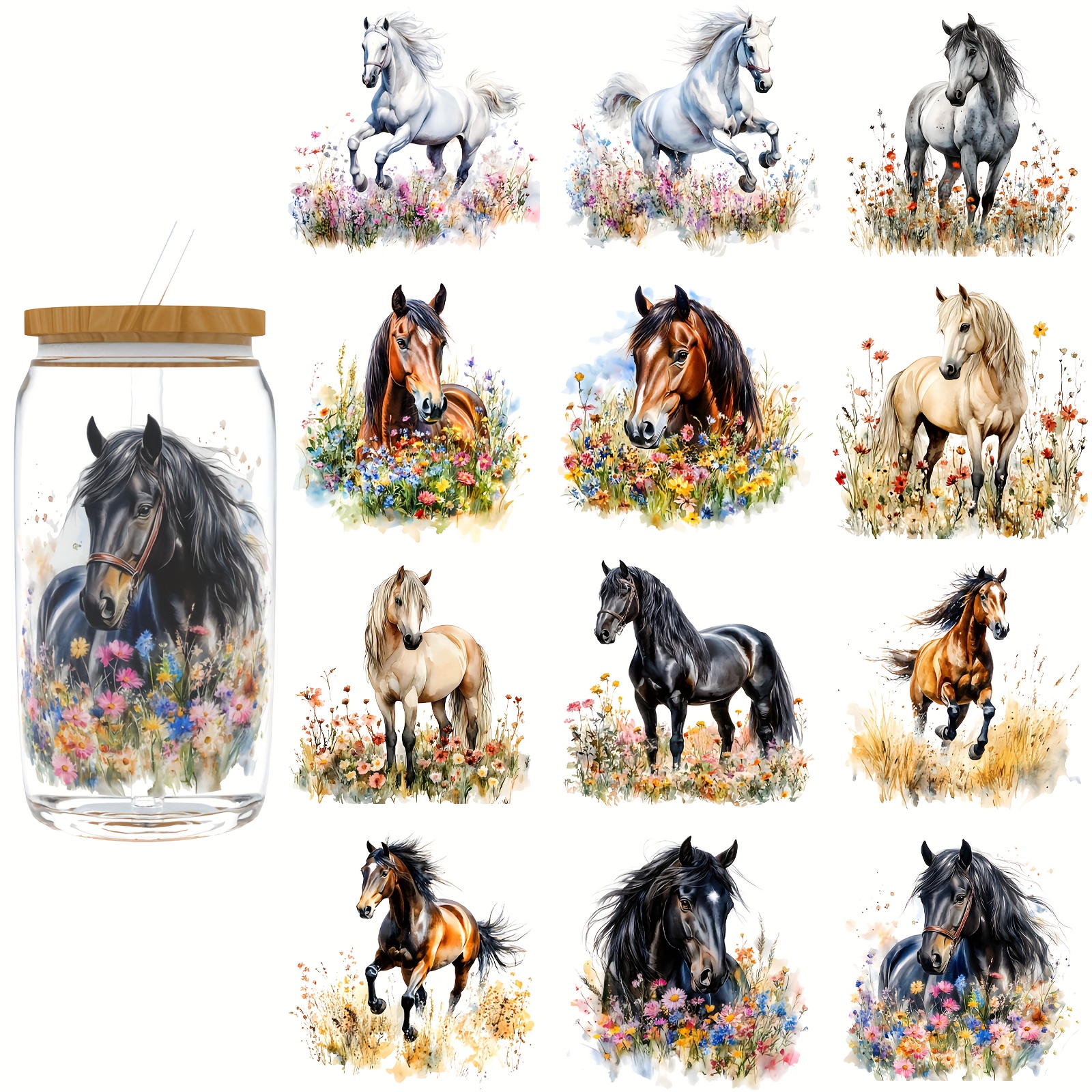 Image of 12pcs/set Floral Horse Paper Cellophane, Self-adhesive Labels For Bottle And Cup Decoration (glass Not Included)