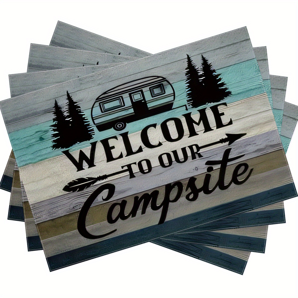 4/6pcs Camping Theme Placemats Set - Professional, Machine Washable, Square Fabric Placemat, Heat Resistant, Durable, Suitable For Home And Outdoor Use