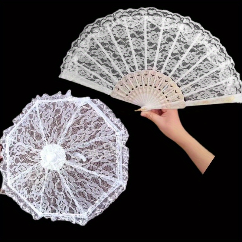 

2pcss Wedding Bride Lace Umbrella, Plastic Lace 2pcs Set, Lace Stage Performance Set, Dance Decorative Umbrella And Fan Photography Scene Prop Set.