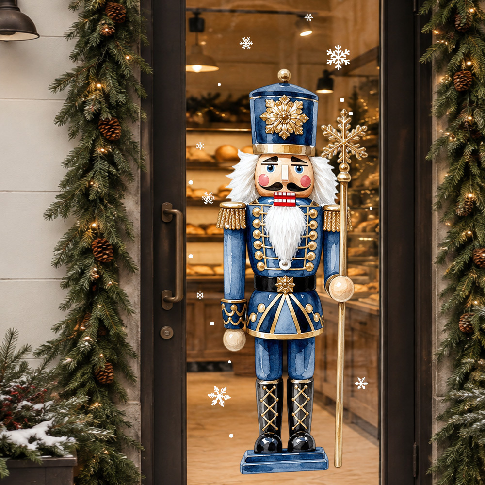 TEMU Christmas Large Retro Watercolor Nutcracker Glass Stickers, Featuring Traditional Nutcracker Soldiers And Classic Snowflake Double-sided Window