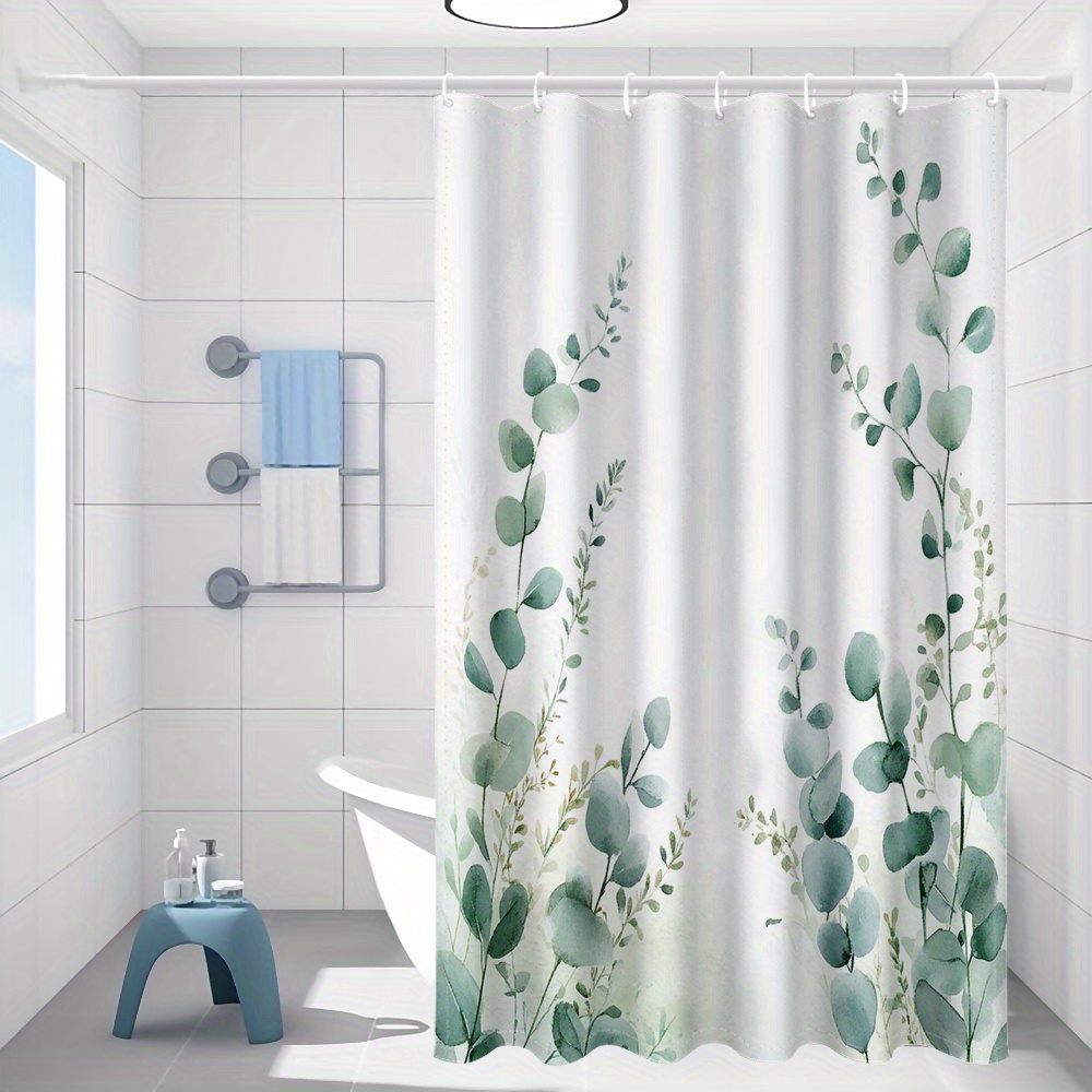 TEMU 1pc Green Plant Watercolor Nordic Style Printed Shower Curtain, Modern Bathroom Home Decor With Plastic Hooks, Suitable For Machine Washable