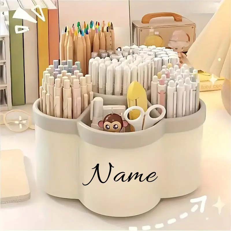 TEMU Personalized Name Rotating Desktop Organizer - Multi-compartment Storage Box, Customizable For Stationery, Makeup Brushes & Lipsticks - Durable