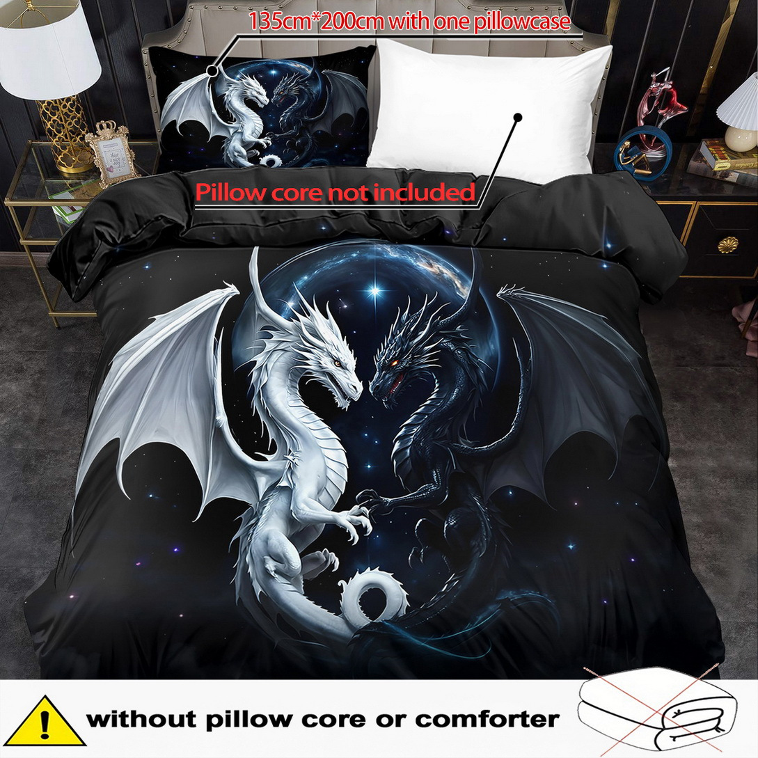 E-shop 2/3-teiliges Bettbezug-Set, Bettwäsche-Set mit schwarz-weißem Drachen-Druck, Bettwäsche im King-Queen-Stil, maschinenwaschbares Polyester,