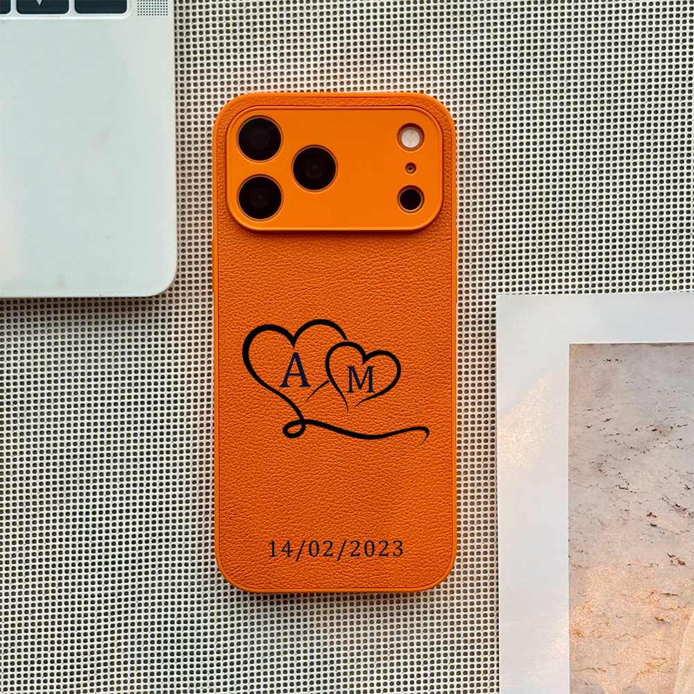 TEMU Phone Case - Custom Lychee Texture Faux Leather Phone Case, With Heart Romantic Commemorative Design, Customizable With Name Initials And
