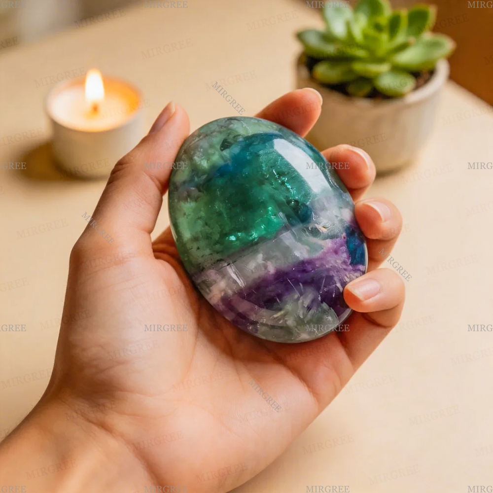 TEMU Rainbow Fluorite Palm Stone Big Size 1.97-2.76in, Meditation Crystal With Pouch And Inspiration Card, Mindful Gift For Women And Men