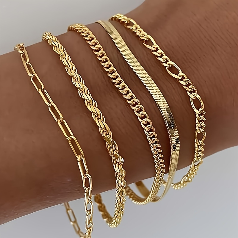 E-shop 5-teiliges Armband-Set im böhmischen Vintage-Stil für Damen – vergoldete Legierung mit Büroklammer-, Schlangen- Knochenketten-Designs –