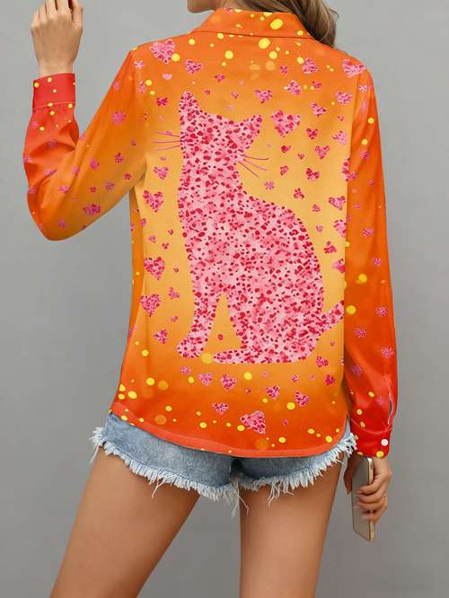 womens casual button up shirt orange red base with pink cat print collar washable button front shirt suitable for spring summer blouses non button collar for casual attire