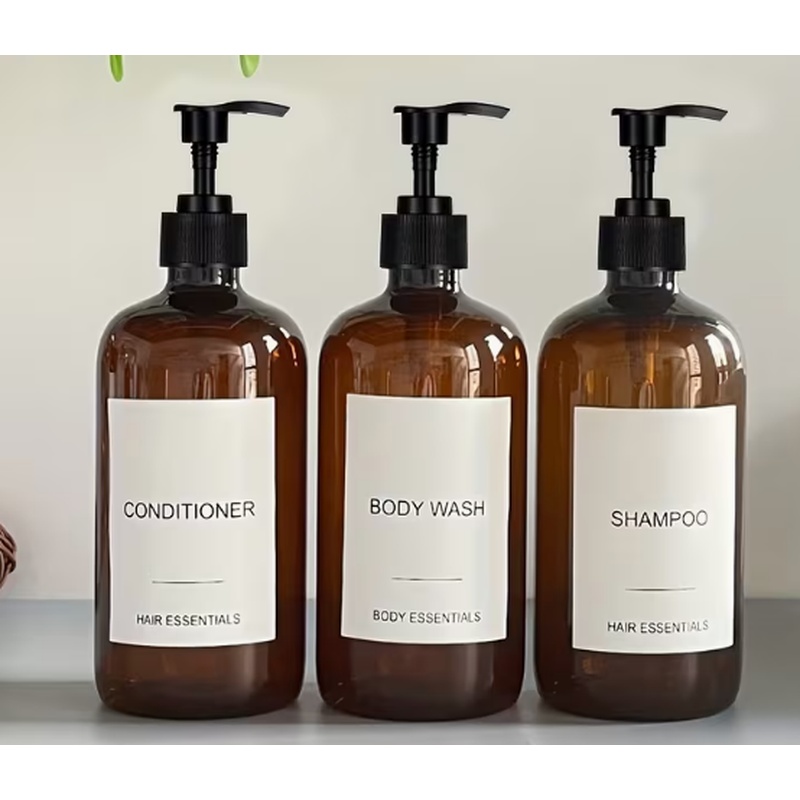 TEMU 3pcs Set Amber Bathroom Shampoo Shower Gel Conditioner Lotion Pressurized Dispenser Empty Bottles For Bathroom Decor