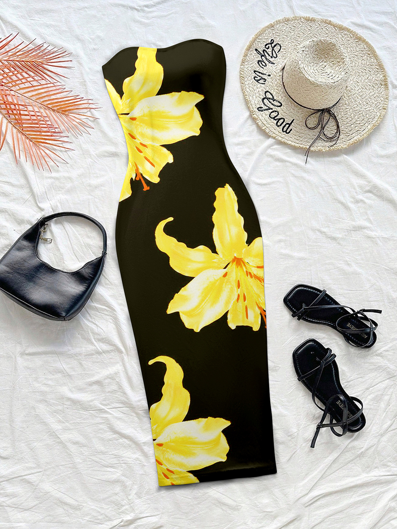 vestido midi de mujer para  /verano/otoño, ajustado, de vacaciones y  , con estampado floral, sin tirantes, tipo tubo, con dobladillo a medida y transpirable