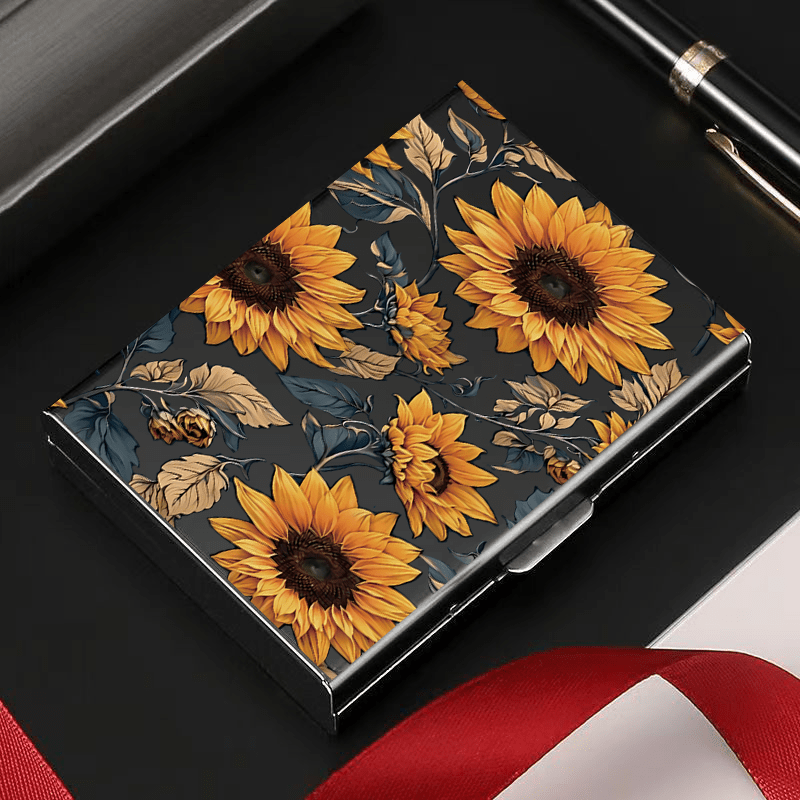 TEMU A Lightweight Aluminum Alloy Card Holder Featuring Yellow Sunflower Pattern! It Accommodates With A Universal Metal Texture Suitable For Men And