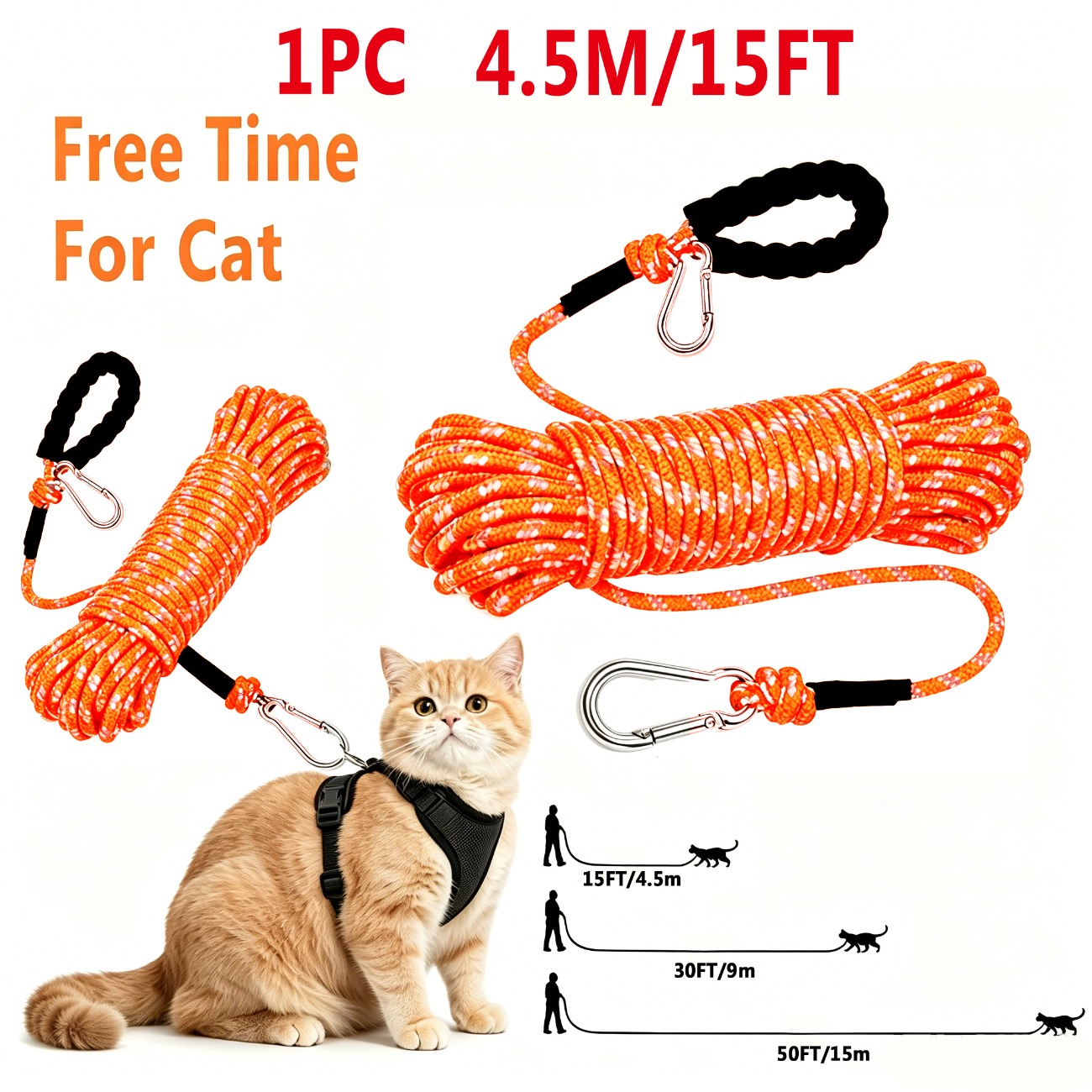 TEMU Camping & Hiking Cat Long Leash, Long Reflective Anti-lost Rope With Soft Padded Handle For Outdoor Adventure, 15/30/50ft