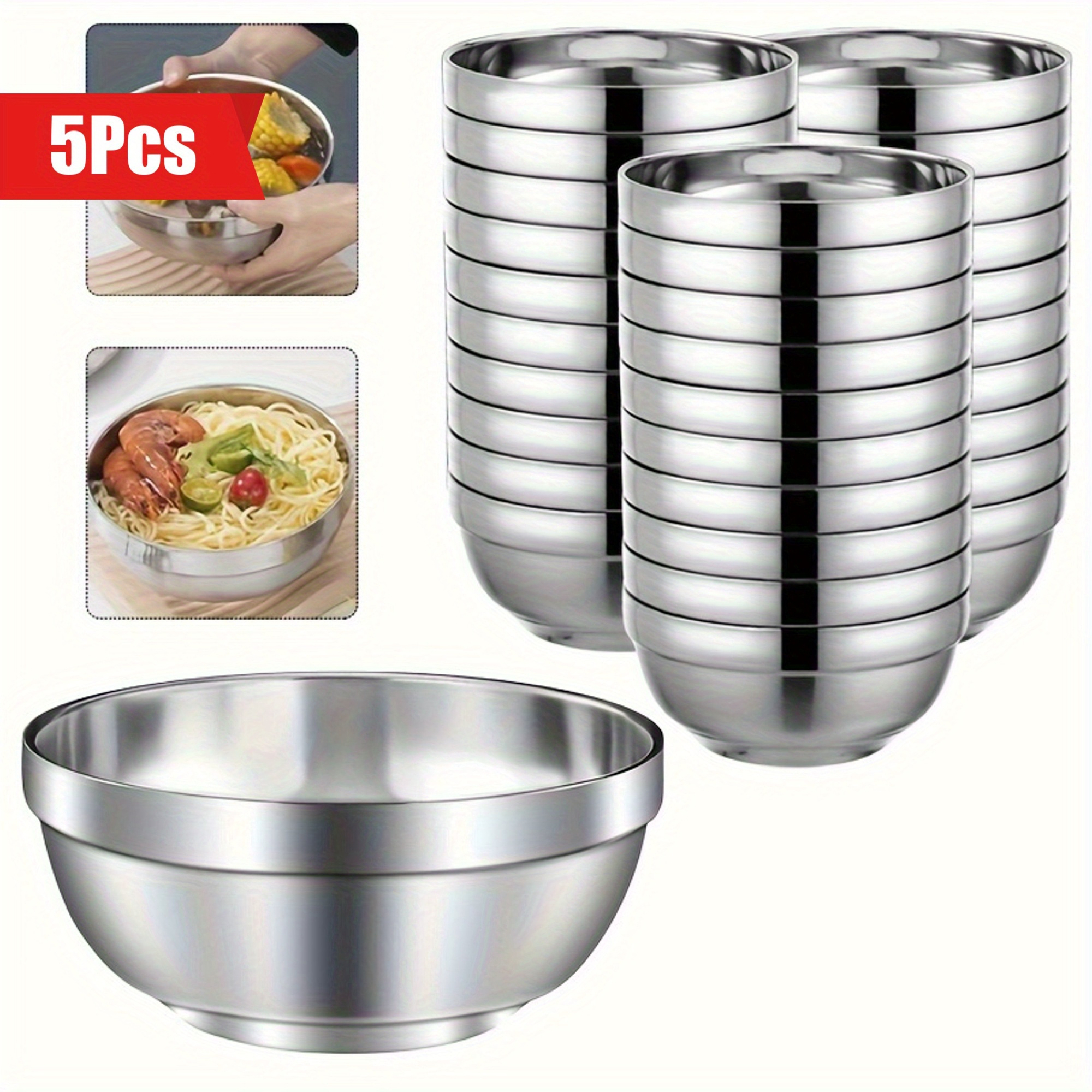 E-shop 5er-Set Edelstahl Schüssel, Doppelwandige Servierschüssel, Isolierte Schüssel, Salatschüssel, Nudelschüssel, Geeignet für Müsli, Suppe, Eis,