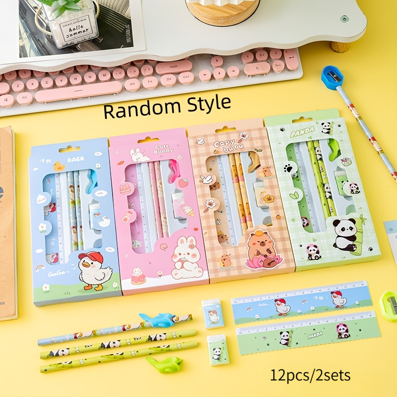 TEMU 12pcs 2-set Combination Cartoon Stationery Gift Bag Student Stationery Set Includes Pencil Ruler Grip Pen Sharpener Eraser Random Style Back To