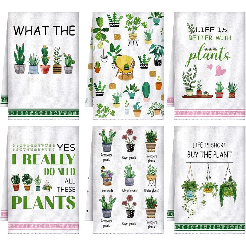 

6pcs Set Of Fun Plant-themed Kitchen Towels - Polyester, Machine Washable - Gardeners & Housewarming Gifts - Includes , Cactus, Designs