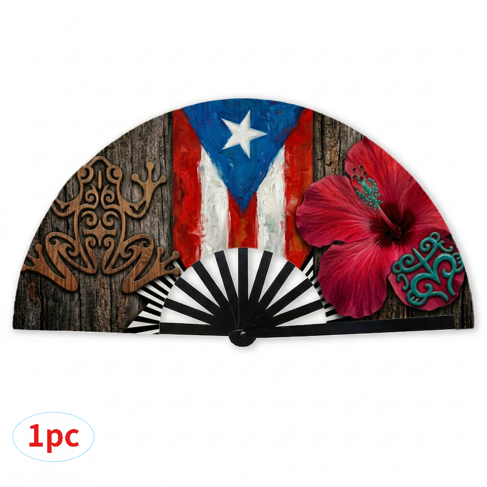 TEMU 1pc Caribbean Rustic Vintage Handheld Fan - Puerto Flag And Floral, Stage Shows, Parties, Weddings, Clubs, Cosplay, Gifts - Stylish, , Foldable,