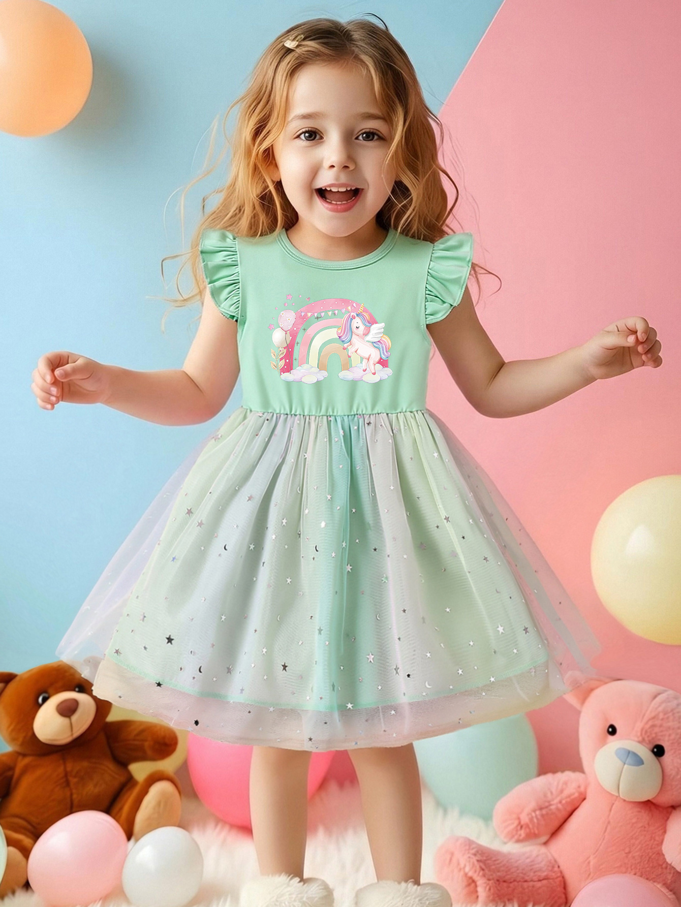 green unicorn dress Long Green Unicorn Dress For Girls main image 1