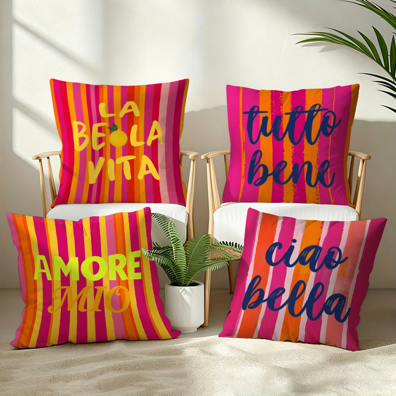 TEMU 4pcs Set, Colorful Striped Text Print Pillowcases, Italian-style Fresh Home Decor Pillow Covers, Gift For Family, , , Zipper Closure Cushion