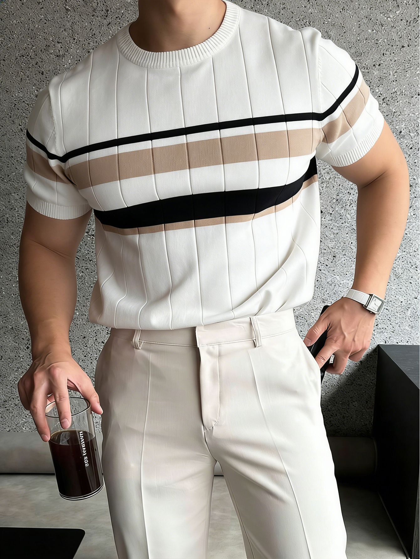 mens contrast short sleeve knit pullover regular round neck   casual summer new arrival