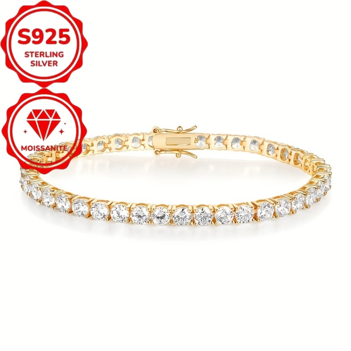 TEMU Bracelet de tennis de luxe en argent sterling S925 avec moissanite dorée de 4 mm - Coupe brillante, motif de moissanite disposée - Style élégant