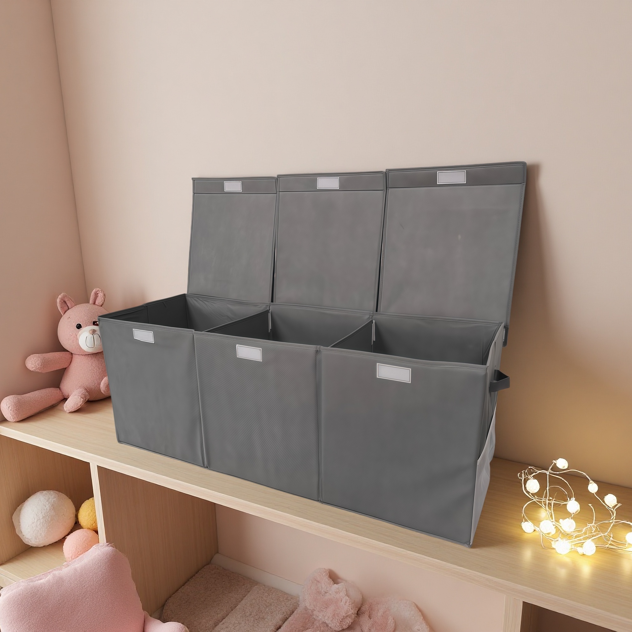 3-Grid Storage Organizer, Extra-Large Foldable Sturdy Basket with Mesh Pockets, 40 Inches Size, Pink Purple Grey Kids Container, Holiday Gift for Multi-Scene