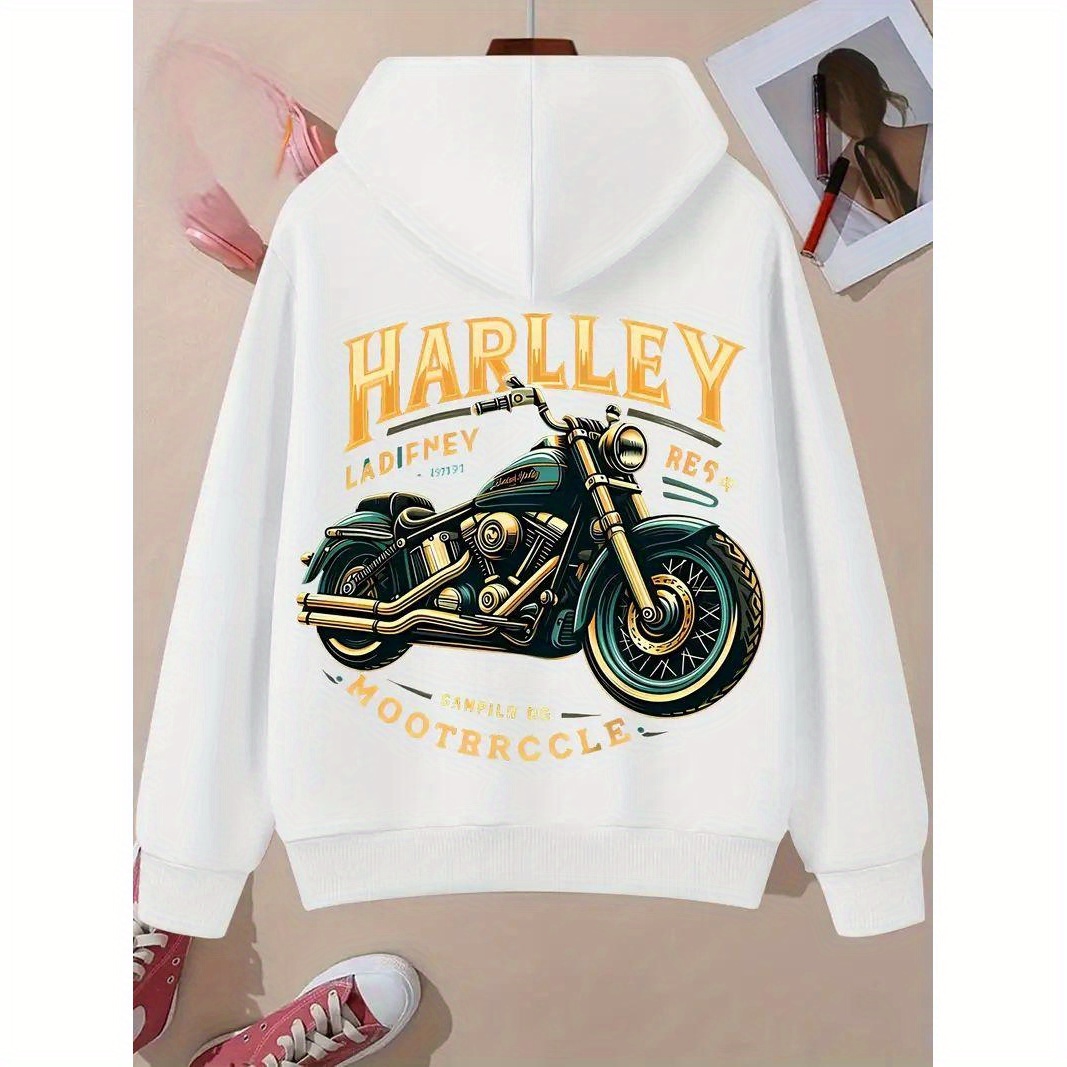 

Women's Motorcycle And Letter Printed Velvet Hoodie- Casual Long Sleeve Hoodie With Kangaroo Pocket, Running And Fitness In Autumn And Winter