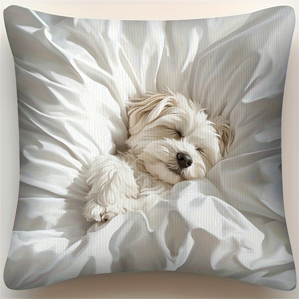 TEMU 1pc Comfortable Maltese Dog Pillow Cover, Zipper Closure, Single-sided Print, 18x18 Inches, Short Plush Cushion Cover, Machine Washable,