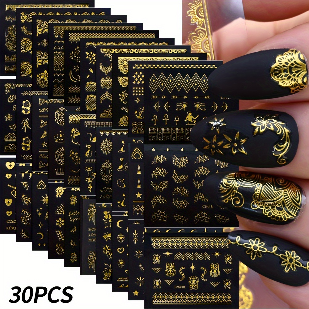 Set Of 30 Nail Art Stickers - Self-adhesive Metallic Designs Featuring Stars, , Hearts, And More For Nail Designs
