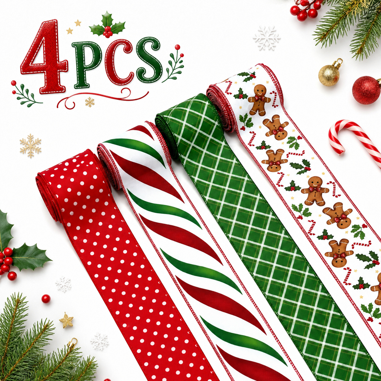 TEMU Halloween Christmas4pcs Christmas Wired Ribbons, 2.5-inch Polyester With Gingerbread Man Design, Red, Green, And White. Ideal For Christmas
