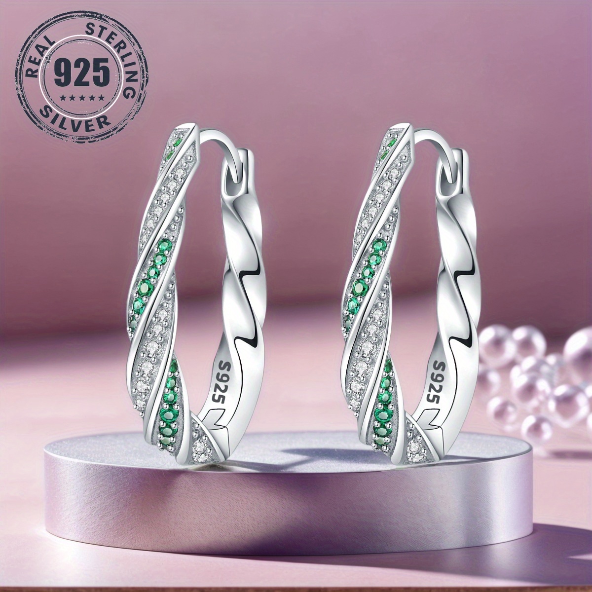 1 pair s925 sterling silver hoop earrings green twisted design hypoallergenic high quality jewelry for   for daily wear or gifting daily wear earrings twisted hoop earrings hypoallergenic earrings Product details 0