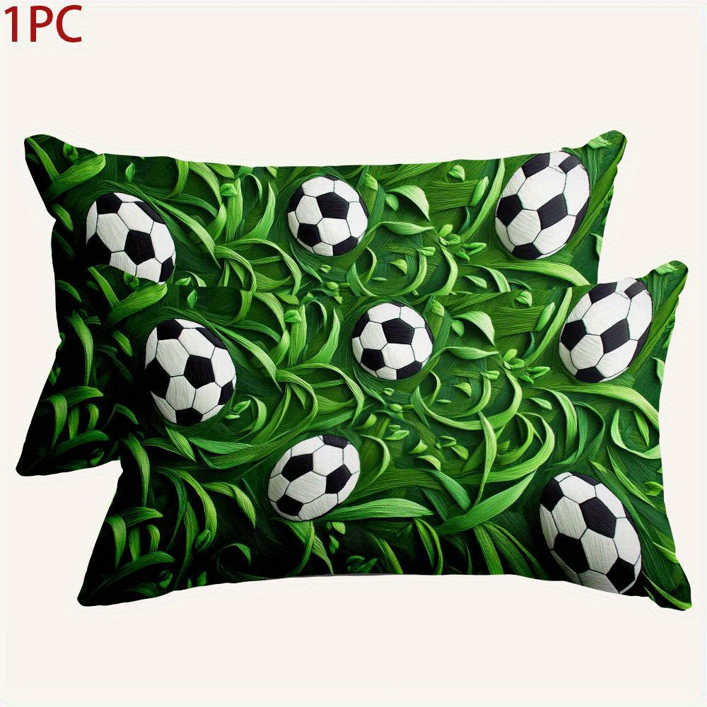 TEMU 1pc Dual-sided Print Retro Football & Grass Rectangular Pillow Cover - Geometric Soccer Ball Pattern, Zipper Closure, Machine Washable, Multiple