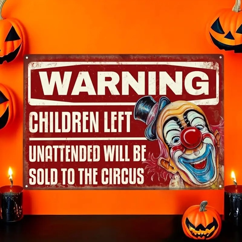 2d Flat - 【2d Flat】 2d Flat Metal Vintage Halloween Clown Warning Sign, Funny Spooky Wall Decor For Home Halloween Party, Warning Children Left Unattended Sold To Circus, Decorative Sign Plaque