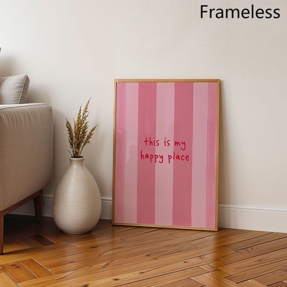 TEMU 2D-Flach, minimalistische pinke Streifen „Das ist mein glücklicher Ort“ – Moderner vertikaler Leinwanddruck ohne Rahmen mit Haken zum Aufhängen,