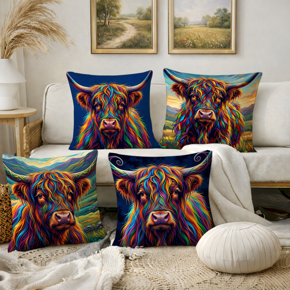 TEMU 4pcs Throw Pillow Covers, Decorative Cushion Cases, Artistic Highland Cow With Vivid Details, . Versatile For Living Room, Couch, Sofa, Bedroom,