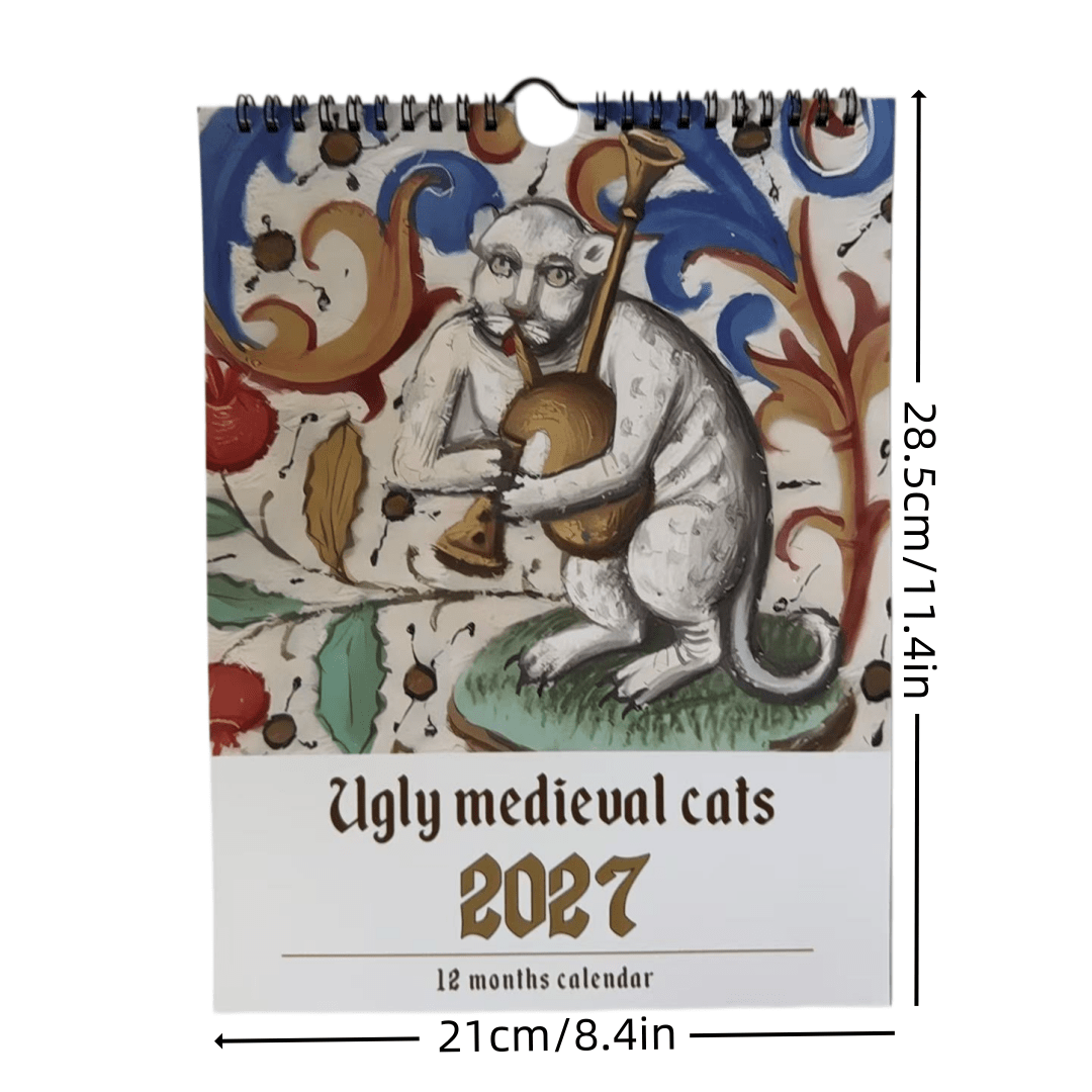 TEMU 2027 Ugly Medieval Cat Wall Calendar, Quirky And Fun Medieval Cat Spiral Monthly Planner, Retro Gothic Medieval Art Hanging Calendar, Prank Gift